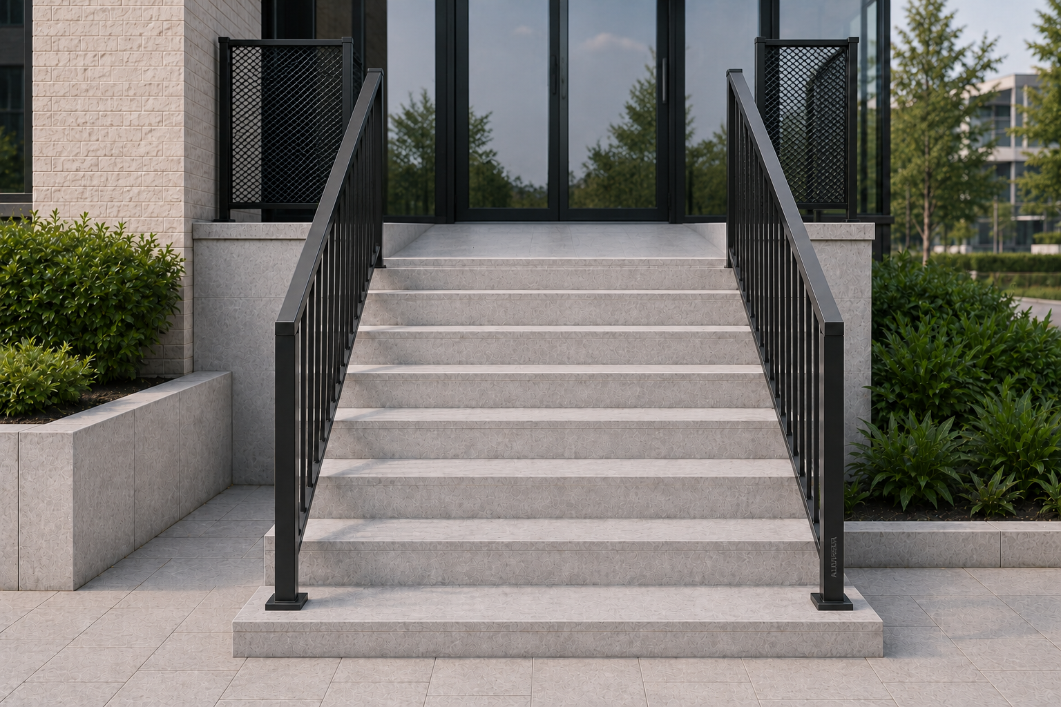 Black metal railing with mesh panels on a modern stone staircase