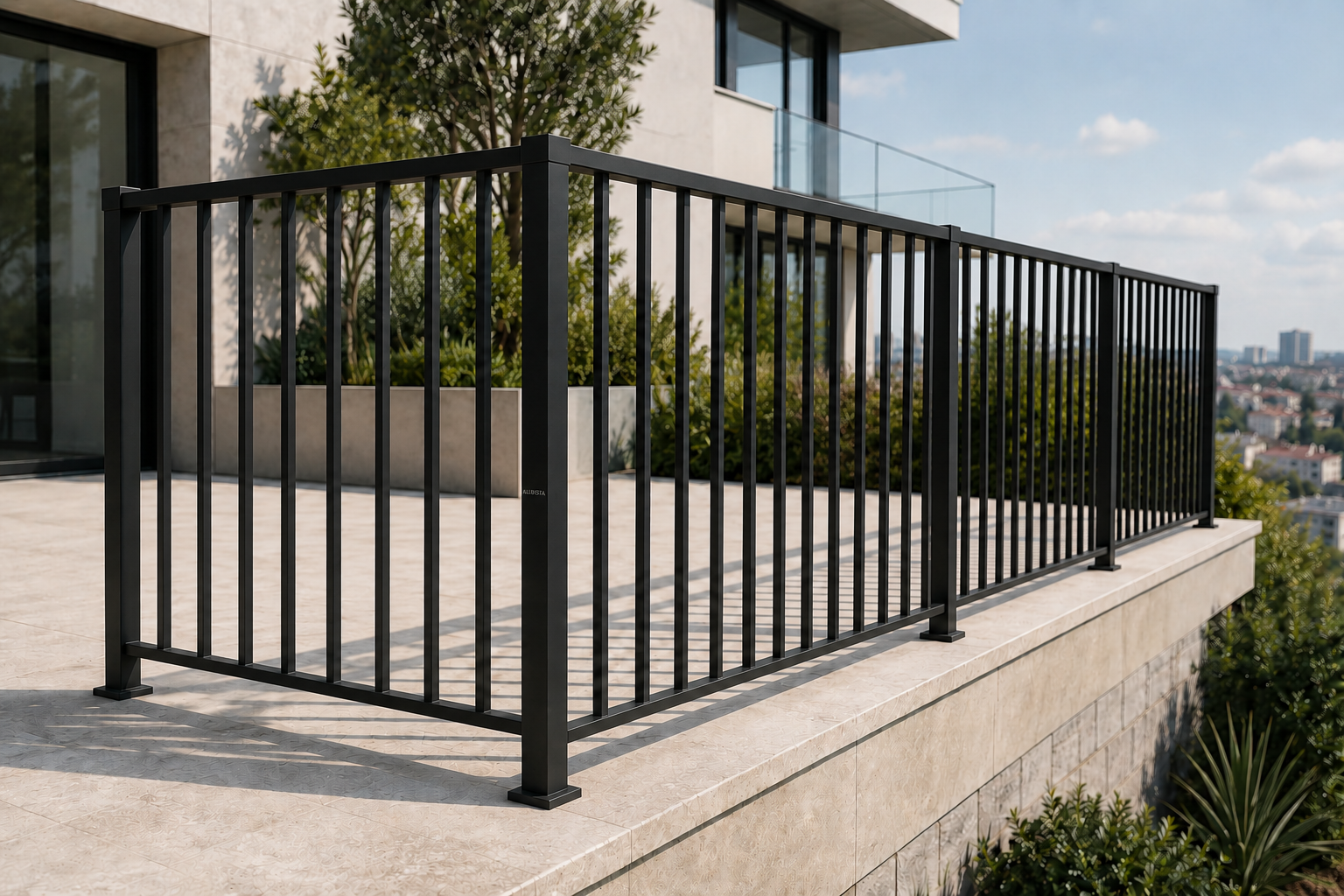 Black aluminium railing with vertical bars on a modern terrace