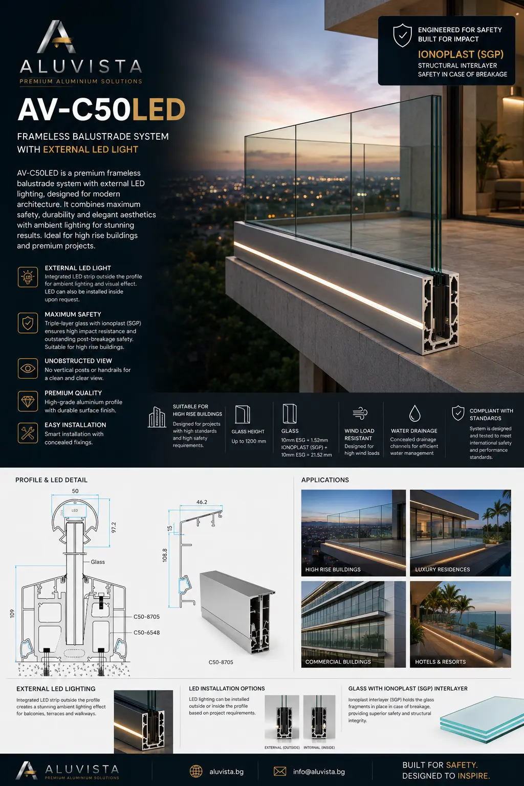 Railings AV-C50LED Frameless Balustrade with External LED