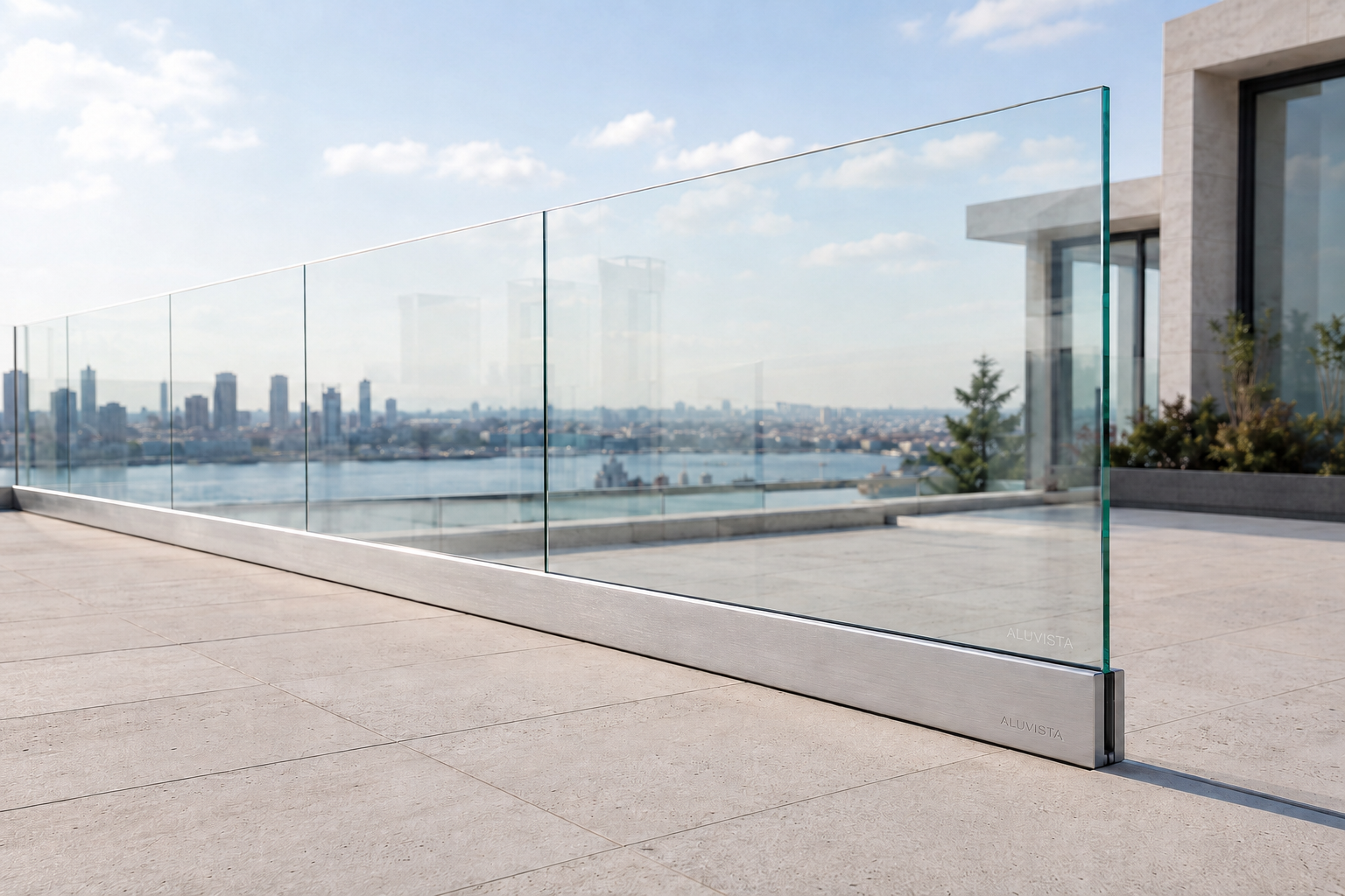 Glass railing with aluminium base profile and panoramic city view